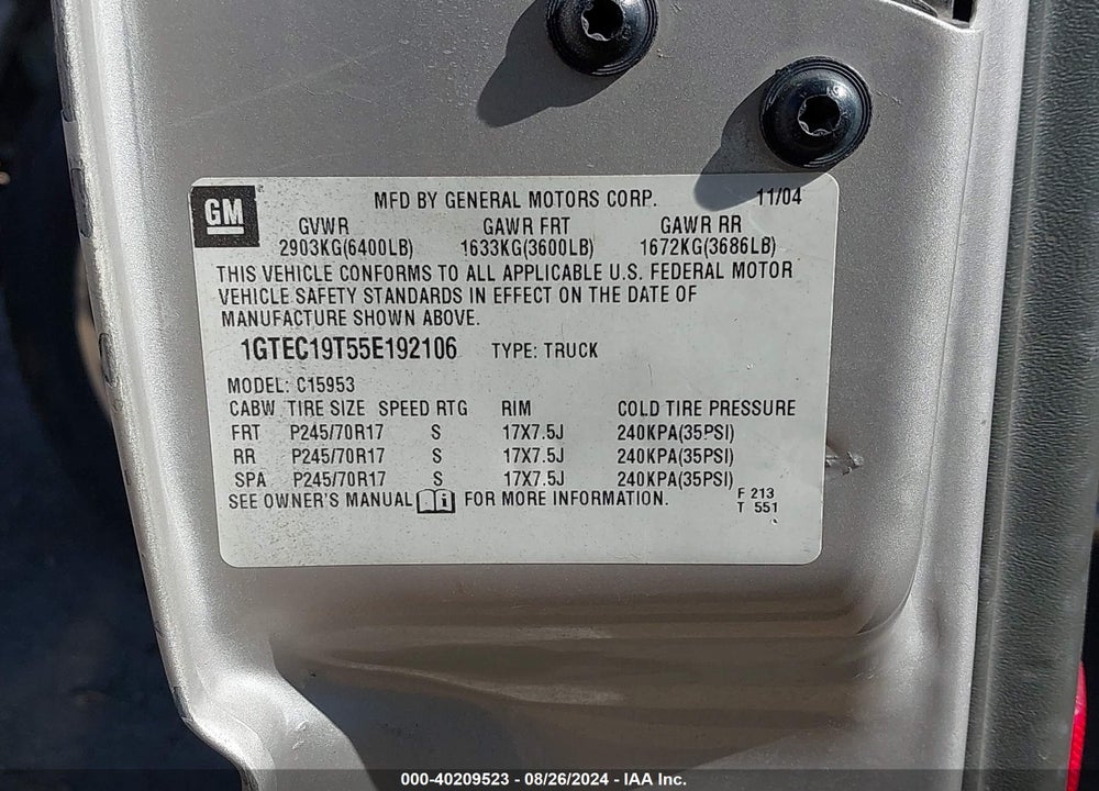 2005 GMC SIERRA 1500 SLE VIN: 1GTEC19T55E192106