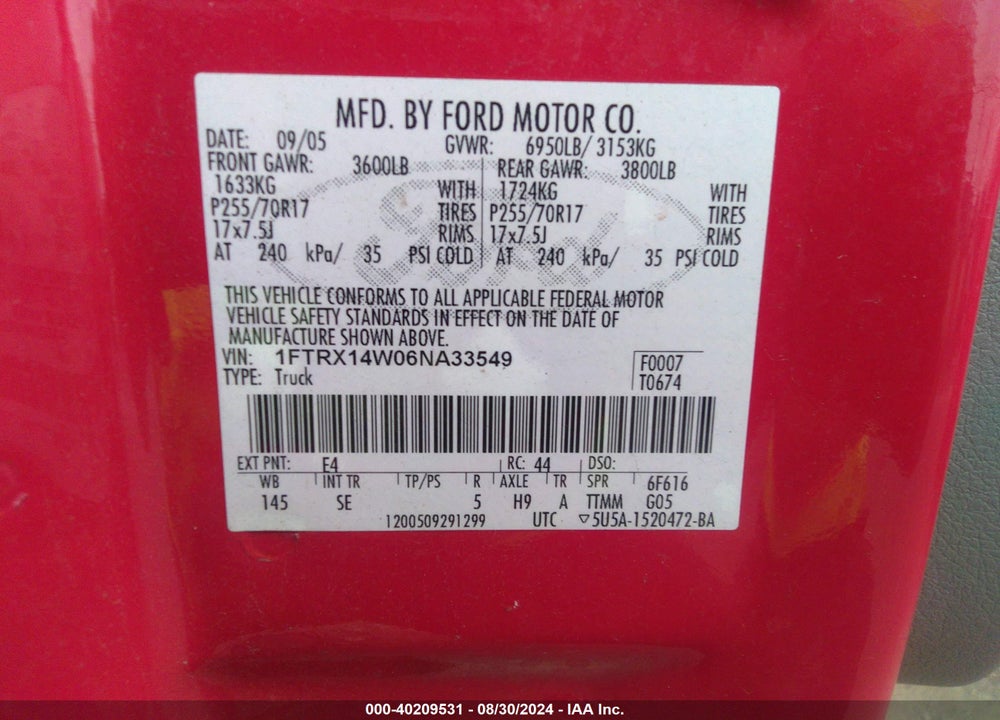 2006 FORD F-150 STX/XL/XLT VIN: 1FTRX14W06NA33549