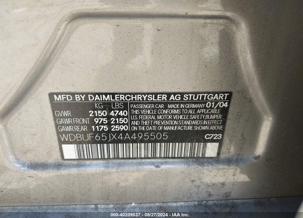 2004 MERCEDES-BENZ E 320 VIN: WDBUF65JX4A495505