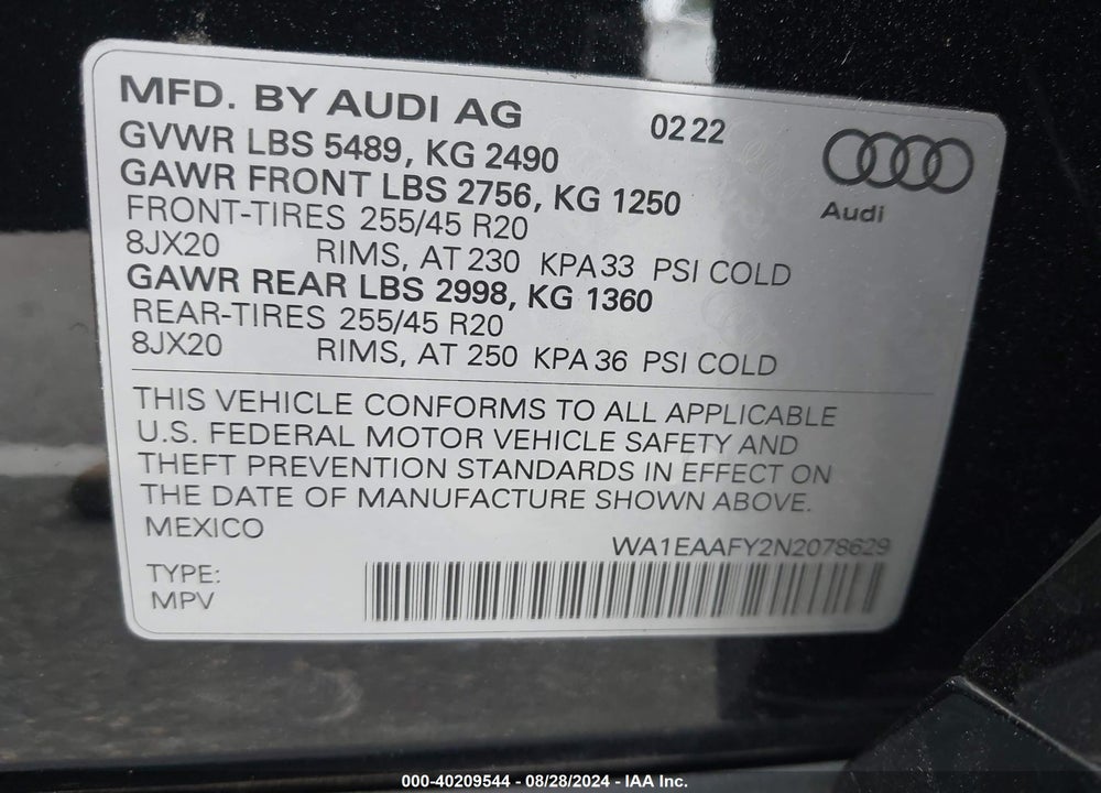 2022 AUDI Q5 PREMIUM PLUS 45 TFSI S LINE QUATTRO S TRONIC VIN: WA1EAAFY2N2078629