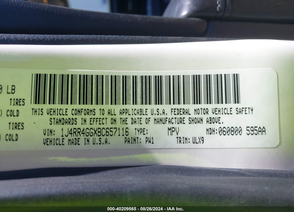 2011 JEEP GRAND CHEROKEE LAREDO VIN: 1J4RR4GGXBC657116