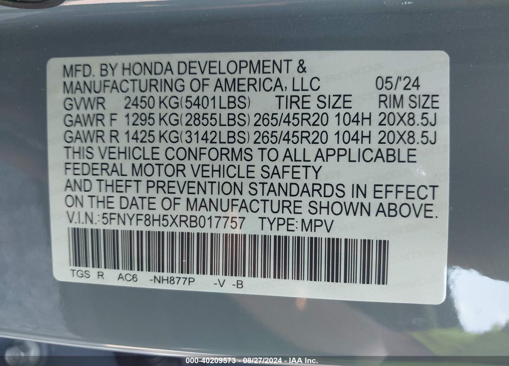 2024 HONDA PASSPORT AWD EX-L VIN: 5FNYF8H5XRB017757