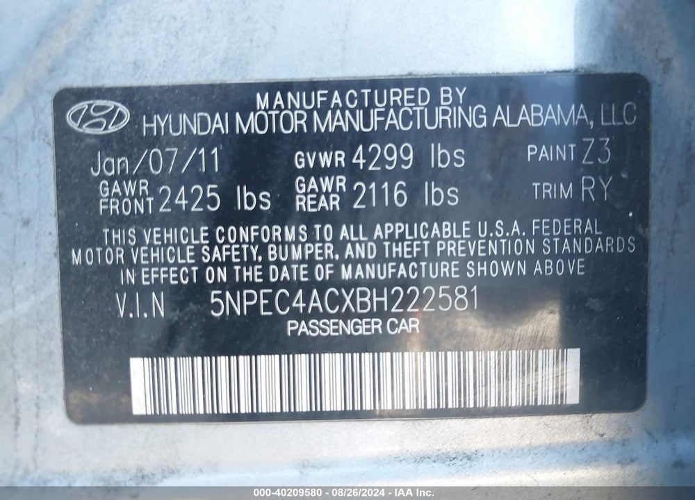 2011 HYUNDAI SONATA SE VIN: 5NPEC4ACXBH222581
