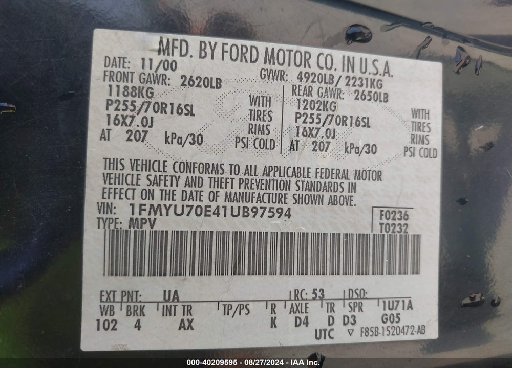 2001 FORD EXPLORER SPORT VIN: 1FMYU70E41UB97594