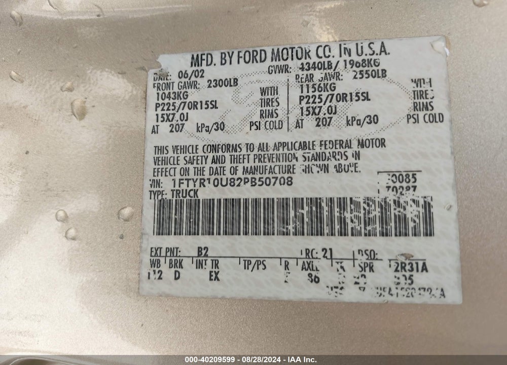2002 FORD RANGER EDGE/XL/XLT VIN: 1FTYR10U82PB50708