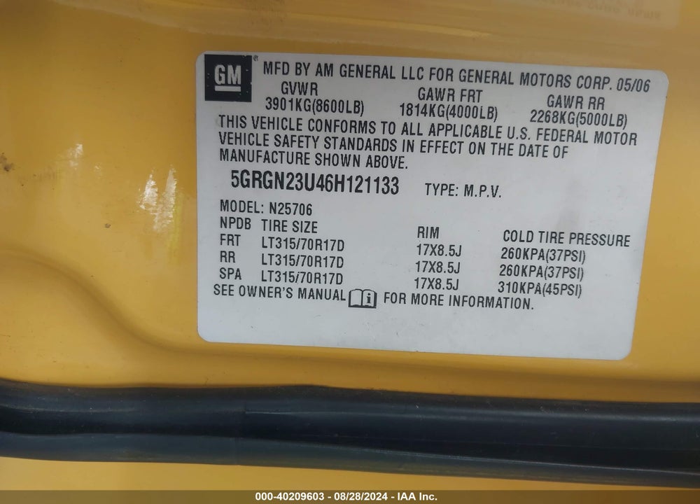 2006 HUMMER H2 SUV VIN: 5GRGN23U46H121133