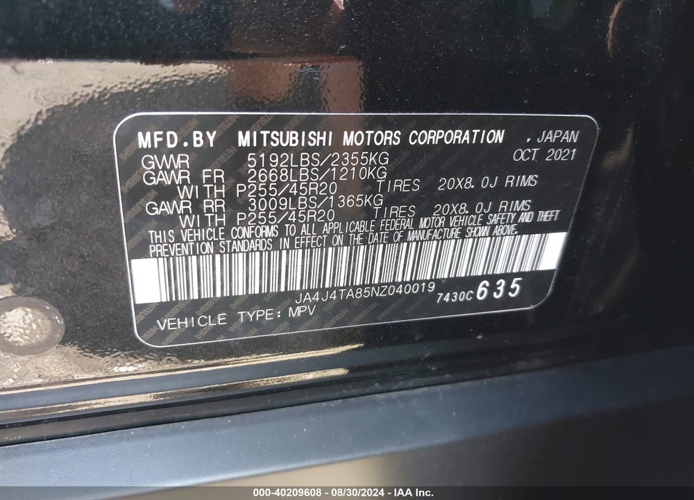 2022 MITSUBISHI OUTLANDER ES 2.5 S-AWC VIN: JA4J4TA85NZ040019