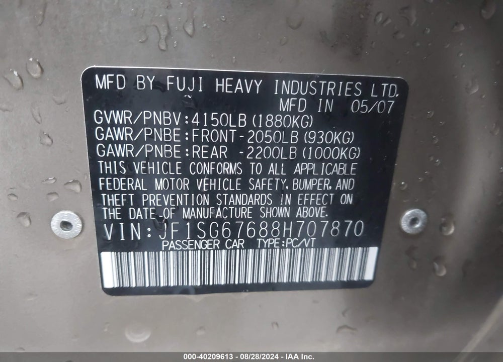2008 SUBARU FORESTER 2.5X L.L. BEAN EDITION VIN: JF1SG67688H707870