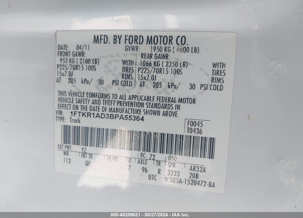 2011 FORD RANGER XL VIN: 1FTKR1AD3BPA55364