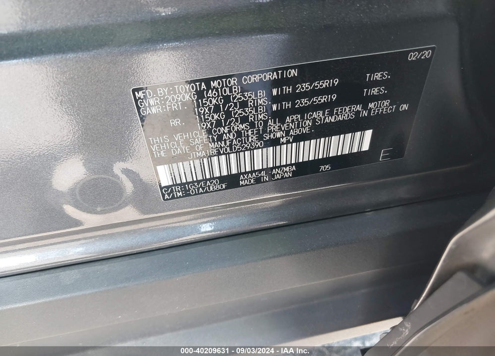 2020 TOYOTA RAV4 XLE PREMIUM VIN: JTMA1RFV0LD529390