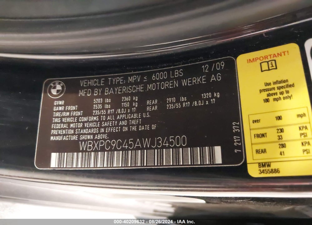 2010 BMW X3 XDRIVE30I VIN: WBXPC9C45AWJ34500