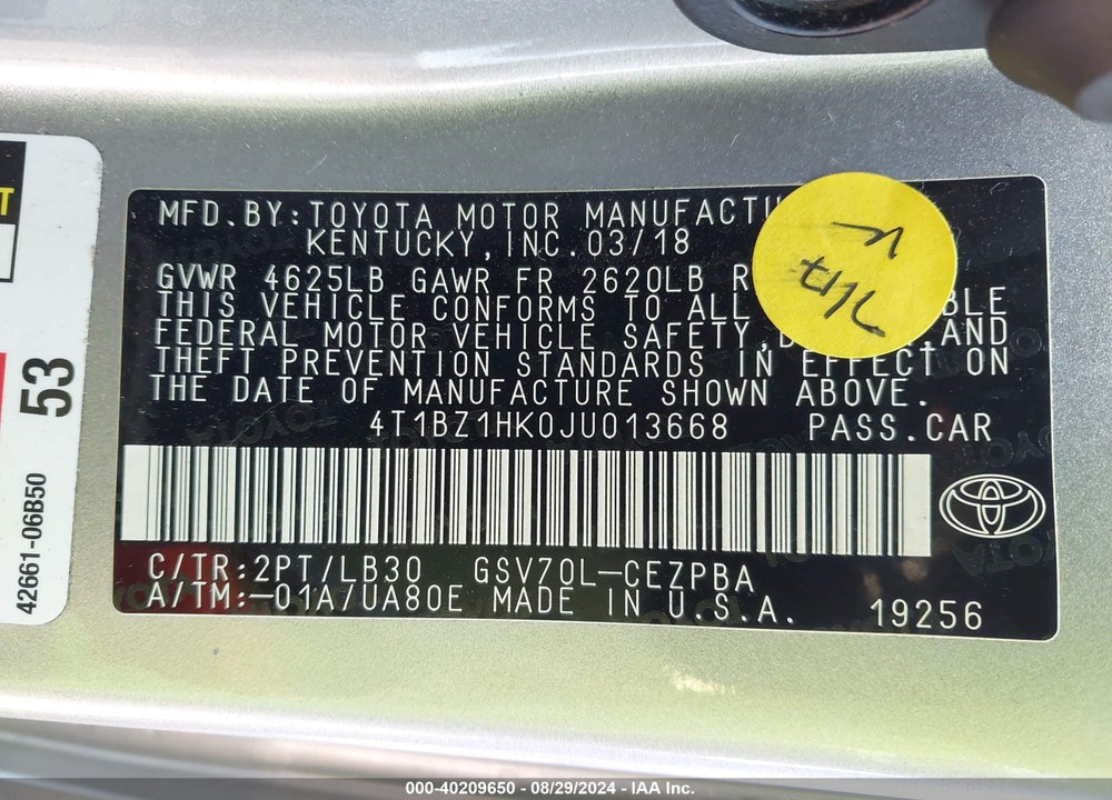2018 TOYOTA CAMRY XSE V6 VIN: 4T1BZ1HK0JU013668