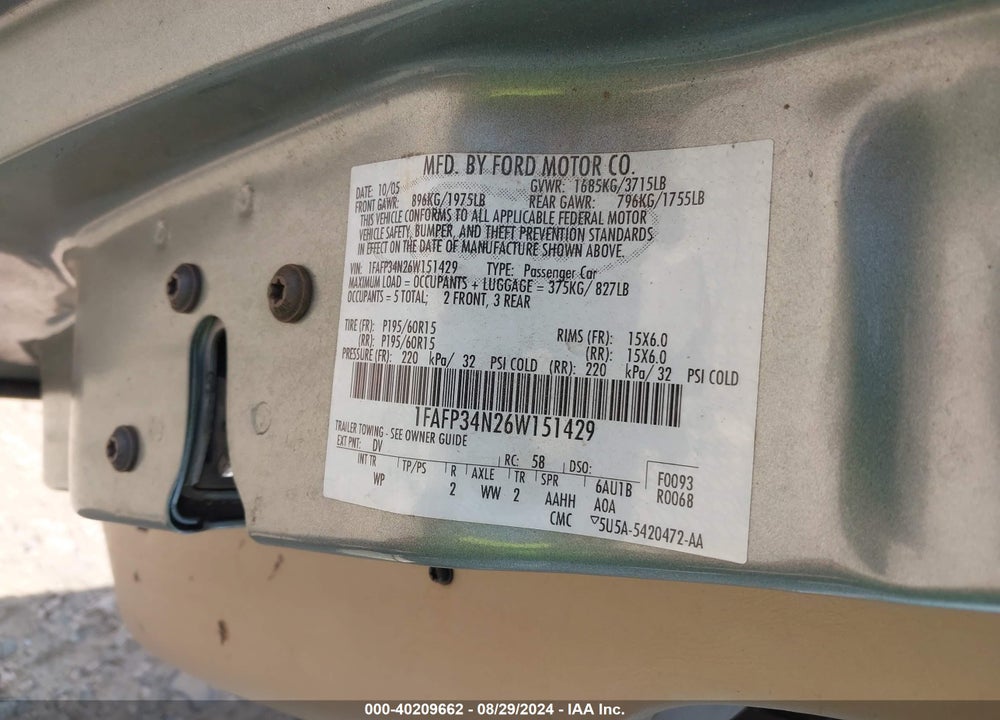 2006 FORD FOCUS SE/ZX4 VIN: 1FAFP34N26W151429