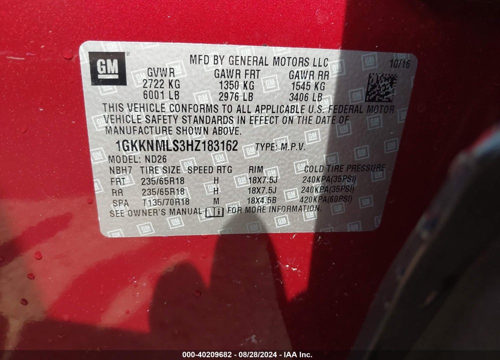 2017 GMC ACADIA VIN: 1GKKNMLS3HZ183162