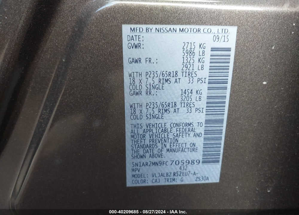 2015 NISSAN PATHFINDER S VIN: 5N1AR2MN9FC705989