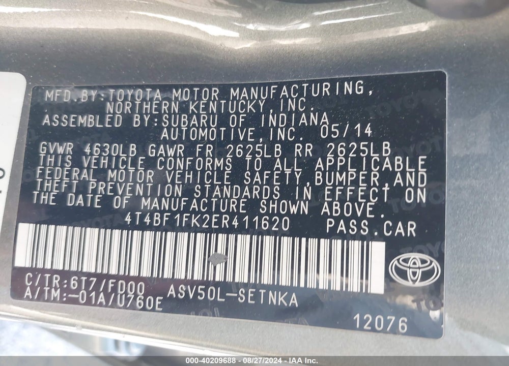 2014 TOYOTA CAMRY LE VIN: 4T4BF1FK2ER411620