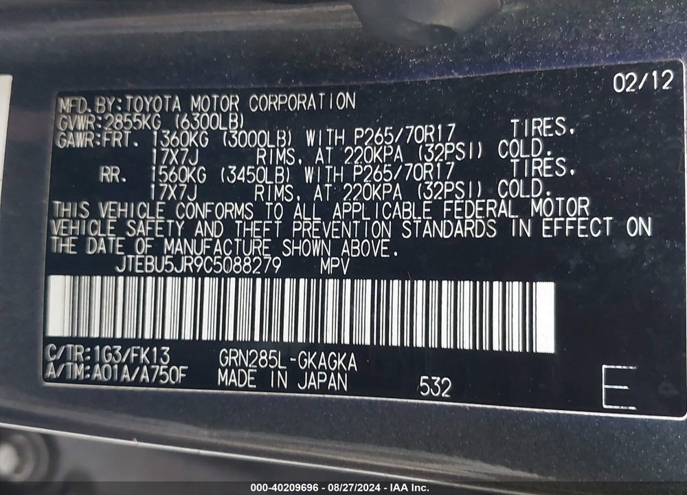 2012 TOYOTA 4RUNNER SR5 VIN: JTEBU5JR9C5088279