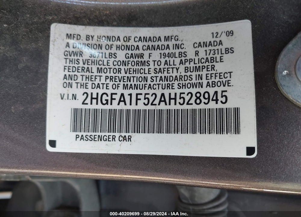 2010 HONDA CIVIC LX VIN: 2HGFA1F52AH528945