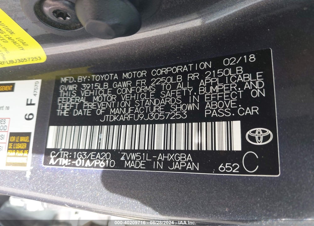 2018 TOYOTA PRIUS VIN: JTDKARFU9J3057253