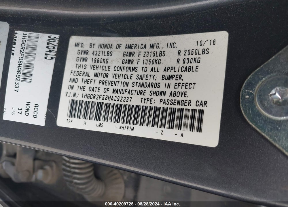 2017 HONDA ACCORD SPORT VIN: 1HGCR2F58HA092337