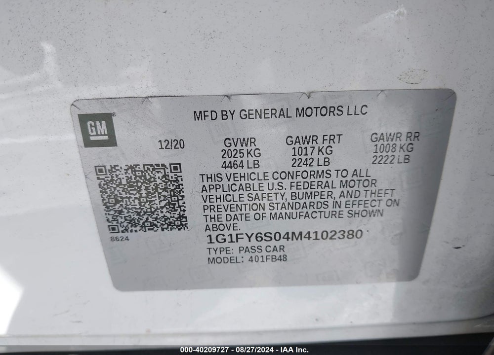 2021 CHEVROLET BOLT EV FWD LT VIN: 1G1FY6S04M4102380