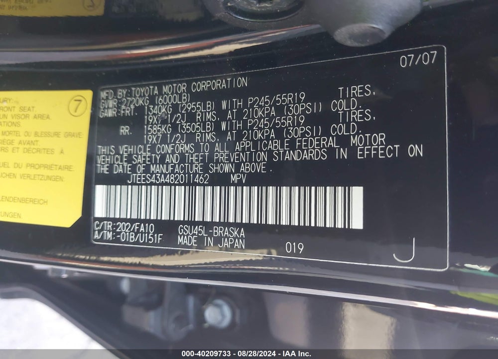 2008 TOYOTA HIGHLANDER SPORT VIN: JTEES43A482011462