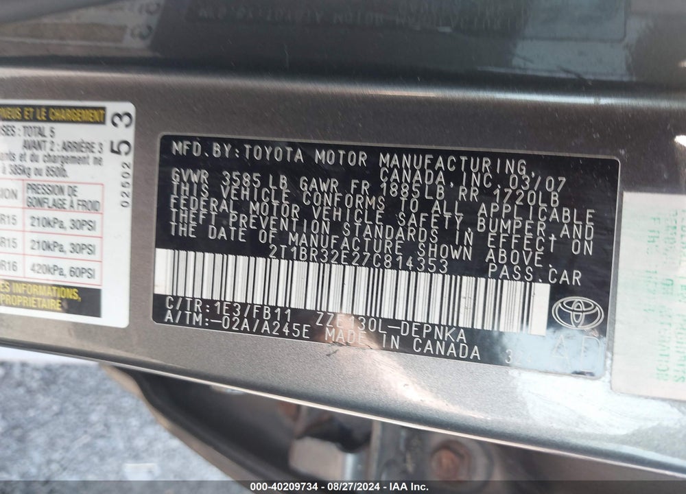 2007 TOYOTA COROLLA LE VIN: 2T1BR32E27C814353