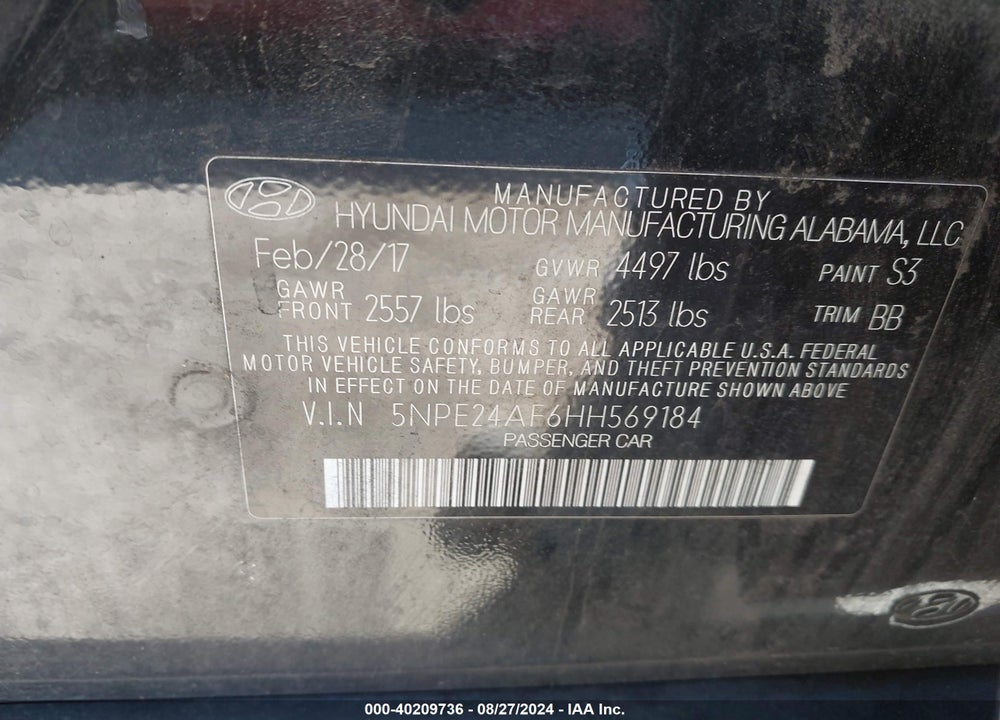 2017 HYUNDAI SONATA SE VIN: 5NPE24AF6HH569184