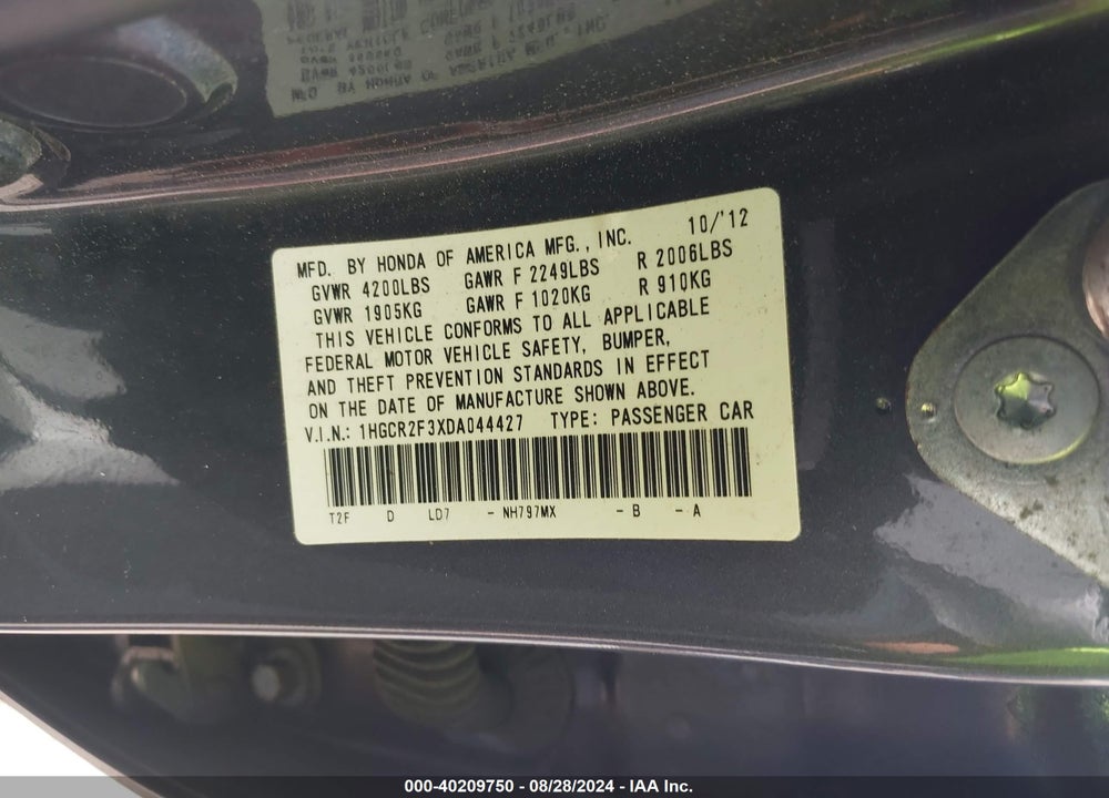 2013 HONDA ACCORD LX VIN: 1HGCR2F3XDA044427