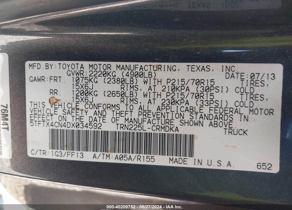 2013 TOYOTA TACOMA VIN: 5TFTX4CN4DX034592