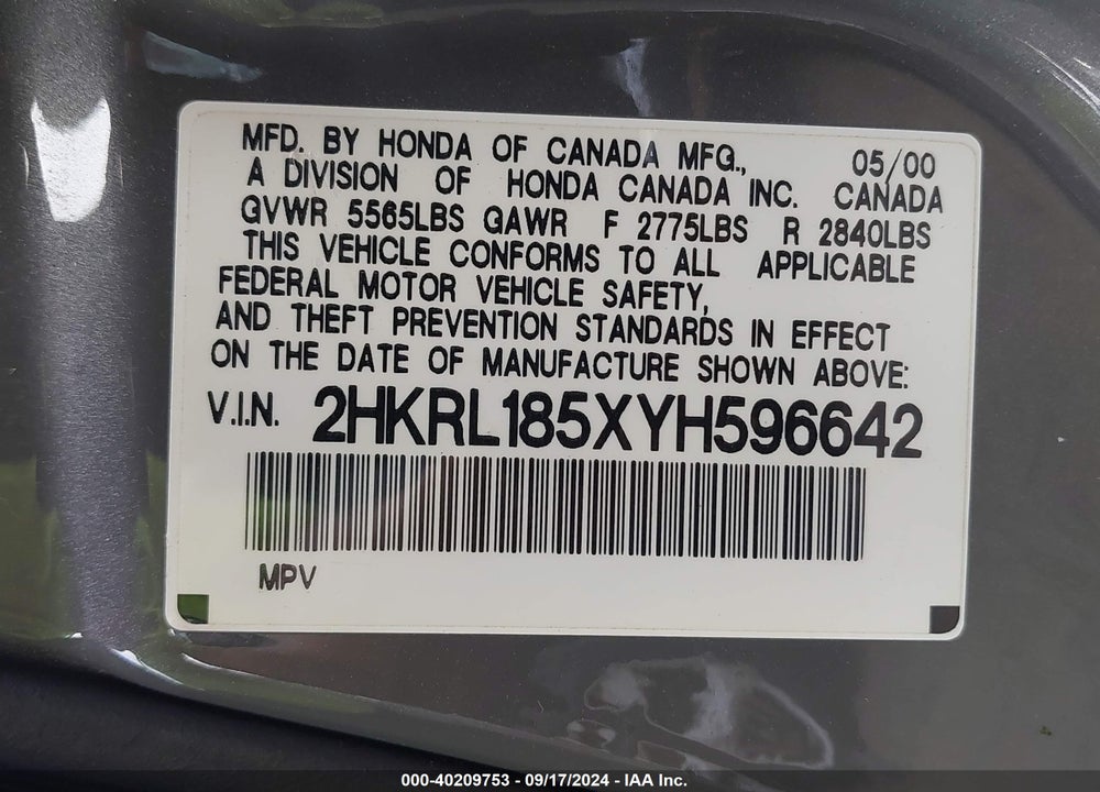 2000 HONDA ODYSSEY LX VIN: 2HKRL185XYH596642