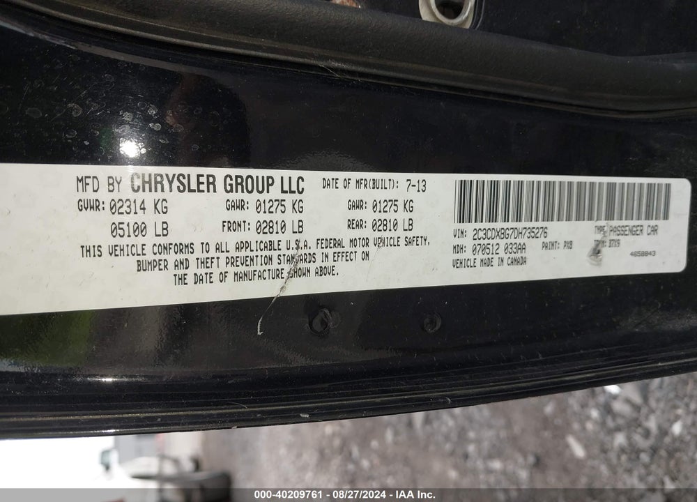 2013 DODGE CHARGER SE VIN: 2C3CDXBG7DH735276