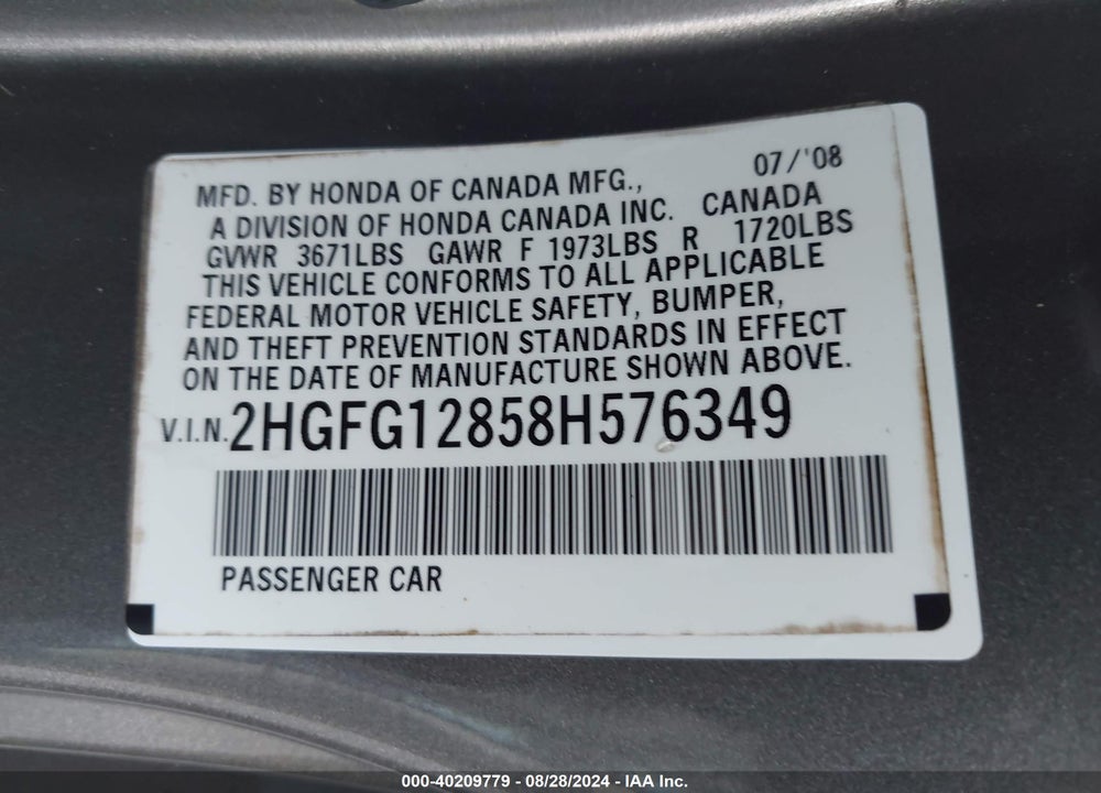 2008 HONDA CIVIC EX VIN: 2HGFG12858H576349