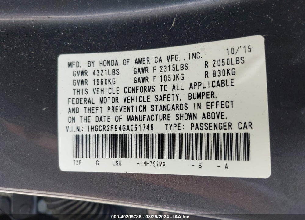 2016 HONDA ACCORD EX-L VIN: 1HGCR2F94GA061748