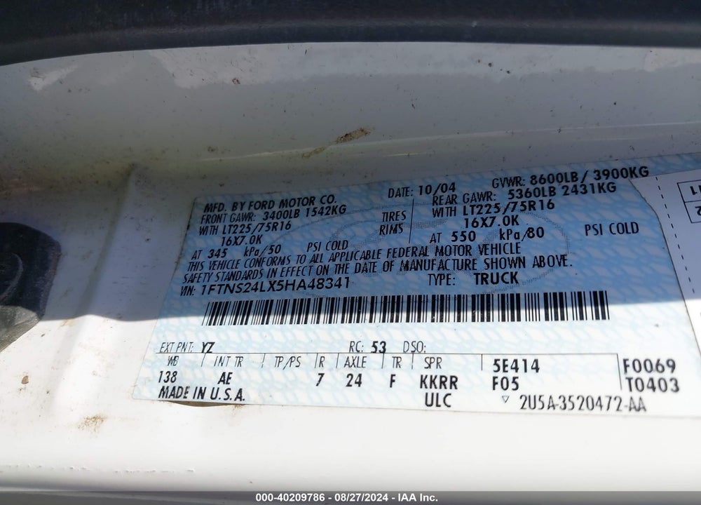 2005 FORD E-250 COMMERCIAL/RECREATIONAL VIN: 1FTNS24LX5HA48341