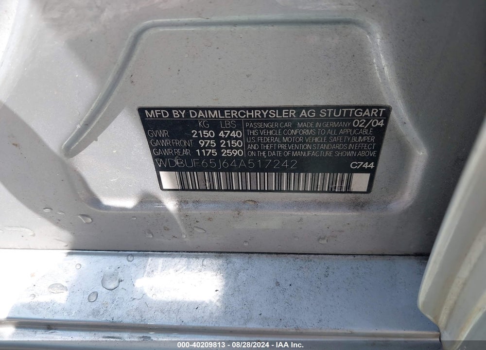 2004 MERCEDES-BENZ E 320 VIN: WDBUF65J64A517242