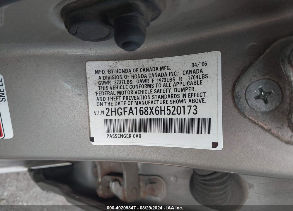 2006 HONDA CIVIC EX VIN: 2HGFA168X6H520173