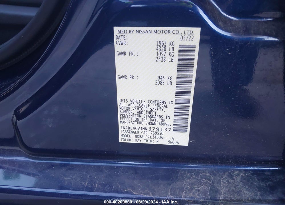 2022 NISSAN ALTIMA SR FWD VIN: 1N4BL4CV3NN379137