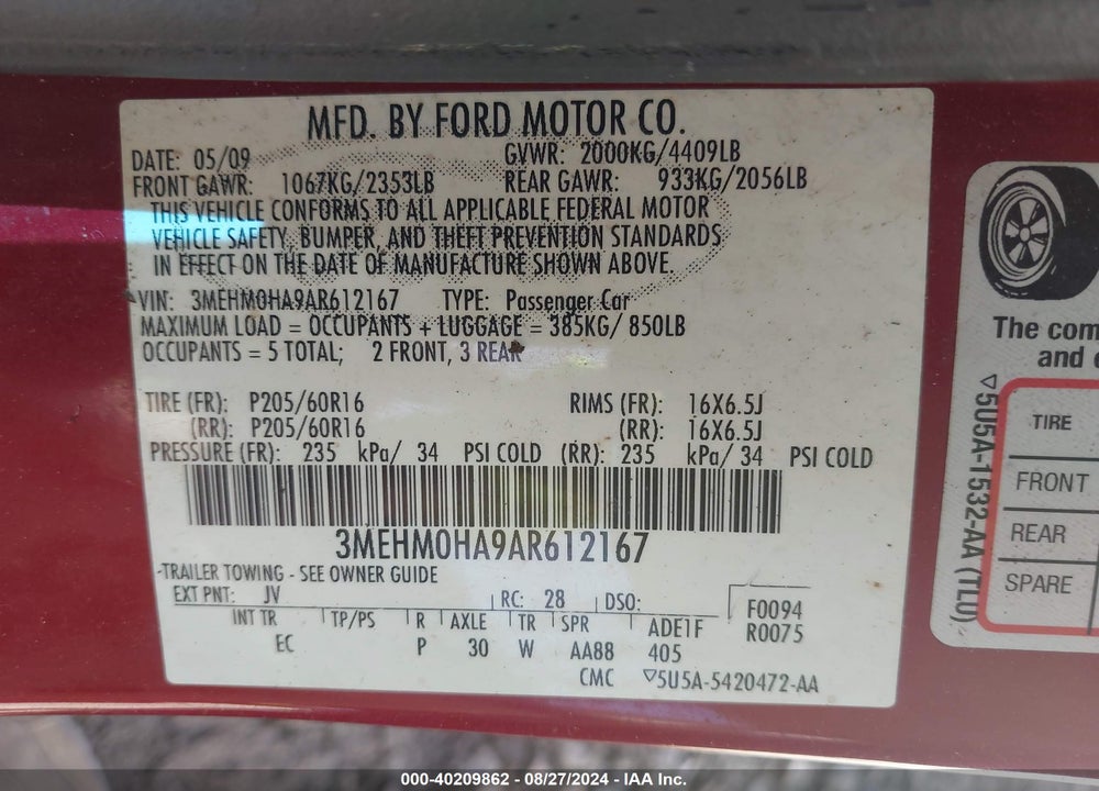 2010 MERCURY MILAN VIN: 3MEHM0HA9AR612167