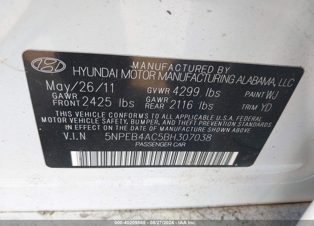 2011 HYUNDAI SONATA GLS VIN: 5NPEB4AC5BH307038
