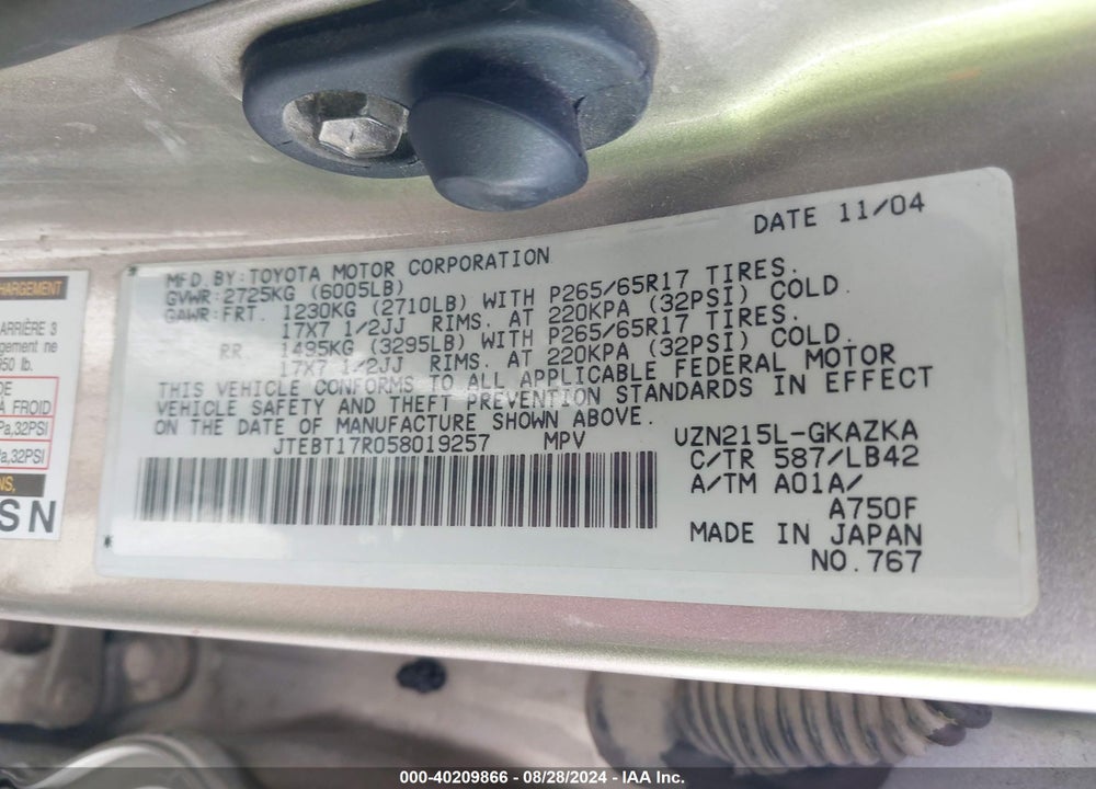 2005 TOYOTA 4RUNNER LIMITED V8 VIN: JTEBT17R058019257