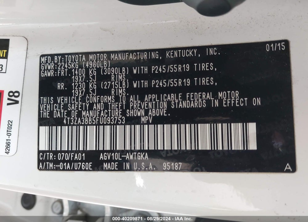2015 TOYOTA VENZA LE VIN: 4T3ZA3BB5FU093753