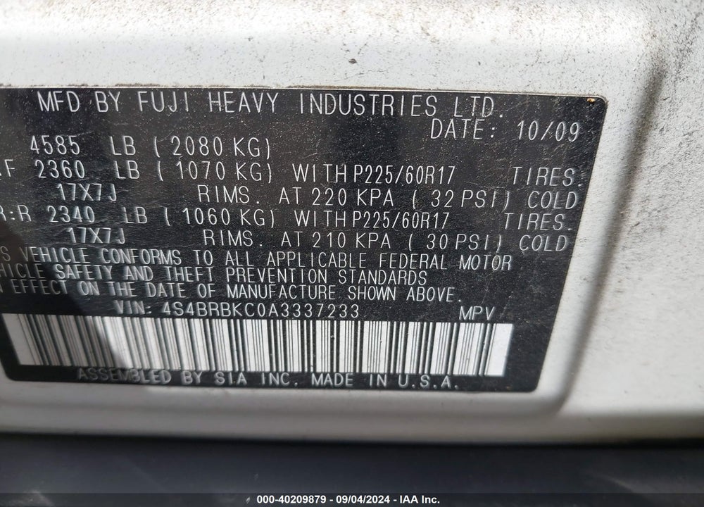 2010 SUBARU OUTBACK 2.5I LIMITED VIN: 4S4BRBKC0A3337233