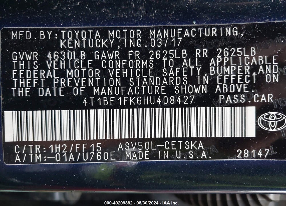 2017 TOYOTA CAMRY SE VIN: 4T1BF1FK6HU408427