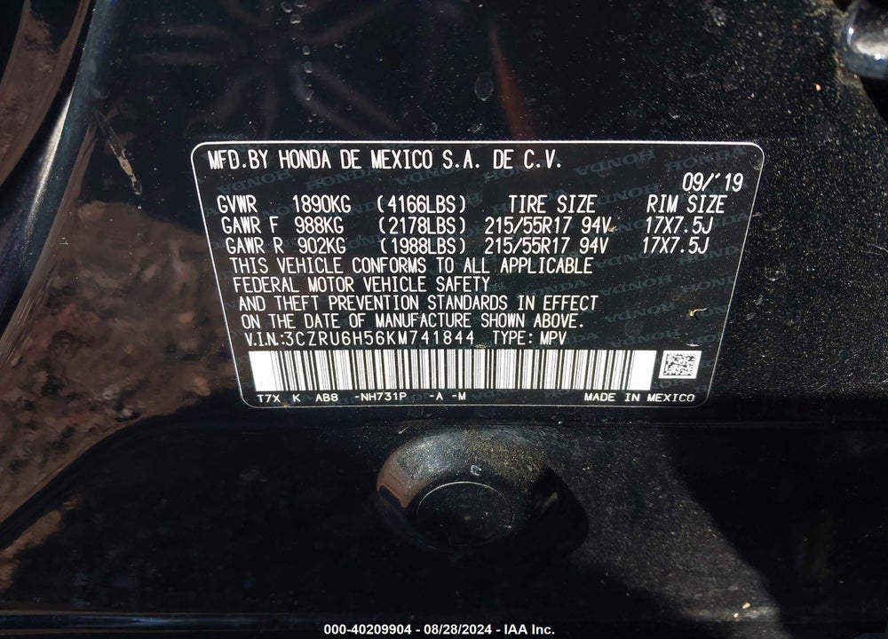 2019 HONDA HR-V EX VIN: 3CZRU6H56KM741844
