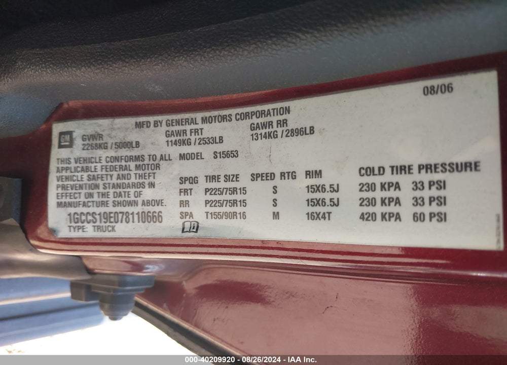 2007 CHEVROLET COLORADO VIN: 1GCCS19E078110666