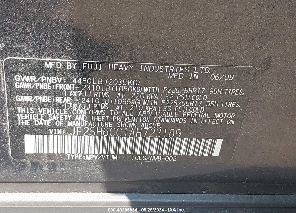 2010 SUBARU FORESTER 2.5X PREMIUM VIN: JF2SH6CC1AH723189