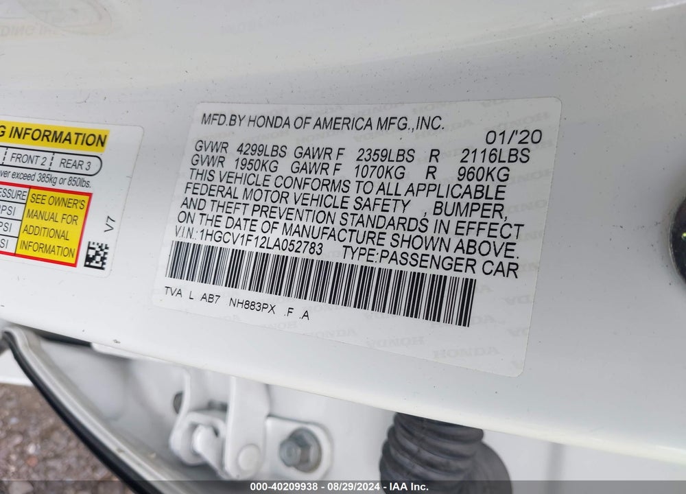 2020 HONDA ACCORD LX VIN: 1HGCV1F12LA052783