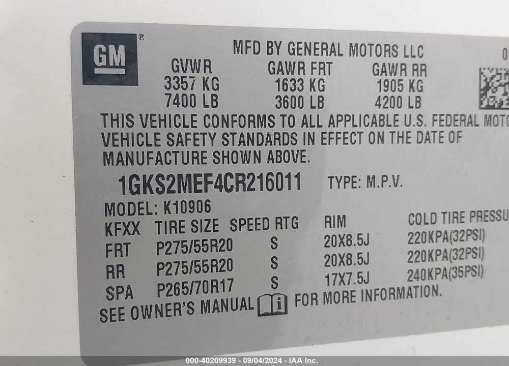 2012 GMC YUKON XL 1500 DENALI VIN: 1GKS2MEF4CR216011
