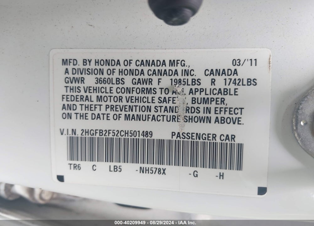 2012 HONDA CIVIC LX VIN: 2HGFB2F52CH501489